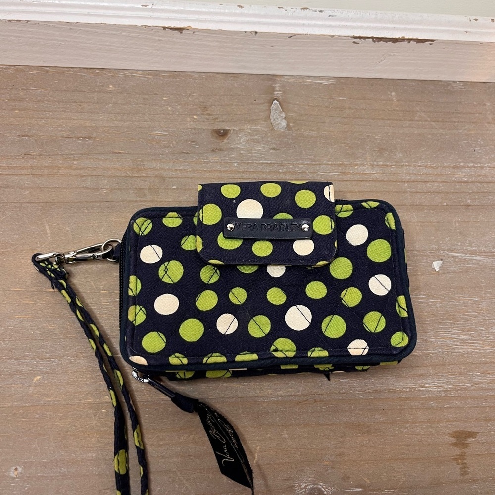 Vera Bradley Lucky Dot Blue Green White Wallet Clutch Wristlet 6" x 3.5" Retired